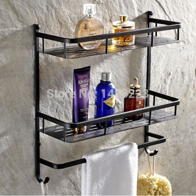 solid brass wall mounted commodity shelf double tier with towel bar hooks oil rubbed bronze bathroom storage rack [bathroom-storage-shelf-996]