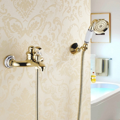 wall mounted golden brass bathroom bathtub faucet handheld shower head shower faucet mixer tap hj-6790 [gold-finish-shower-set-3181]