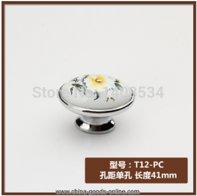 10cs oval shape ceramic zinc alloy chrome shiny finish modern knob cabinet knob drawer pulls yellow camellia flower print