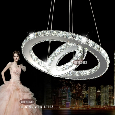 2 rings led crystal chandelier ring light, crystal lusters circle suspension light fixture d20 inch