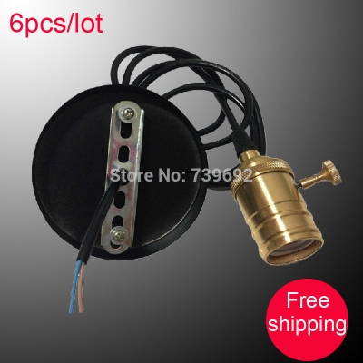 (6pcs/lot) vintage brass pendant lights110v 220v e26/e27 copper lamp holder+wire+ceiling base pendant lights-no bulb [lamp-socket-4585]