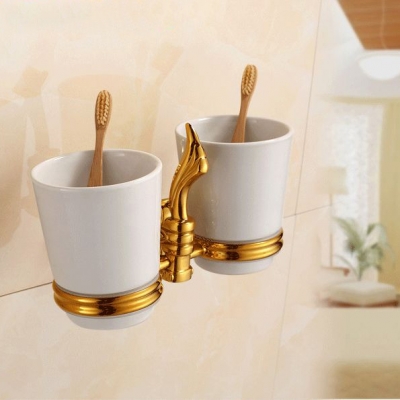 bathroom furniture luxury european style golden copper toothbrush tumbler&cup holder with 2 cups wall mount bath product zp-9355 [cup-holder-2657]