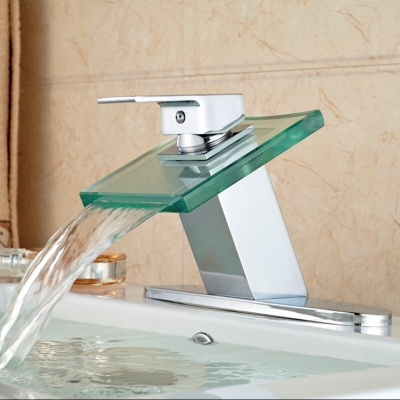 chrome square glass waterfall spout bathroom basin sink faucet mixer water taps one hole w/ hole cover plate