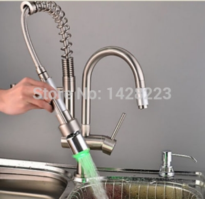 classic color changing led brushed nickel and cold kitchen sink faucet dual spouts kitchen vessel mixer tap [led-4347]