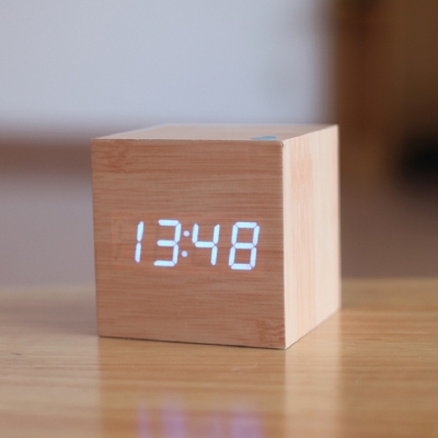 cube wooden led alarm clock,despertador temperature sounds control led display,electronic desktop digital table clocks [alarm-clock-4001]