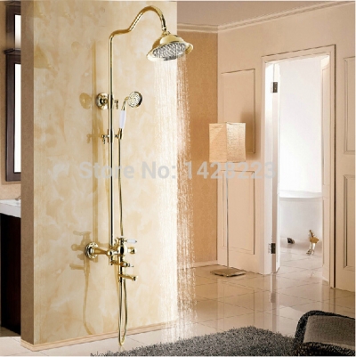fancy luxury 8" rain showerhead bathroom shower faucet set single handle with handheld shower polished gold