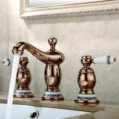 fashion marble and brass dual handles basin faucets golden deck mounted bathroom mixer tap yb-3201r [3-pcs-basin-faucet-84]