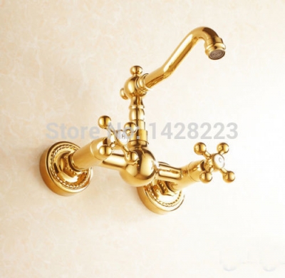 gold finish wall mounted kitchen sink faucet dual handles swivel spout kitchen mixer taps swivel spout kitchen taps [golden-3209]