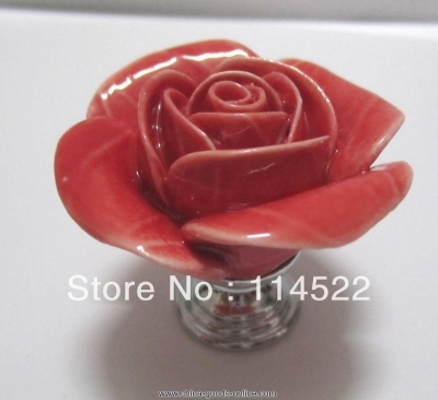 hand made ceramic red rose knobs with silver chrome base flower knob cabinet pull kitchen cupboard knob kids drawer knobs mg-16 [Door knobs|pulls-2599]