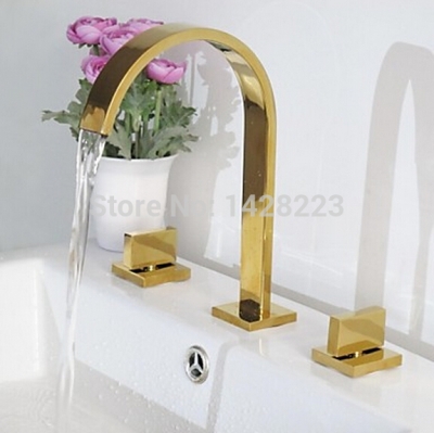 luxury bathroom dual handles waterfall basin sink faucet gold-plate widespread basin mixer taps