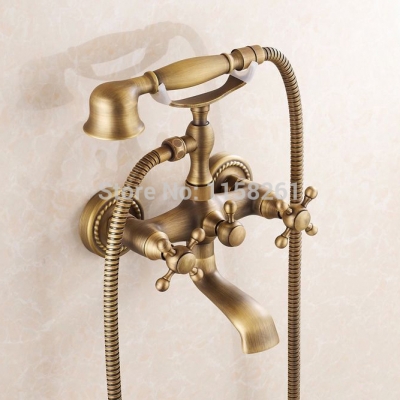luxury new antique brass rainfall shower set faucet + tub mixer tap + handheld shower wall mounted 6762f [antique-finish-shower-set-575]