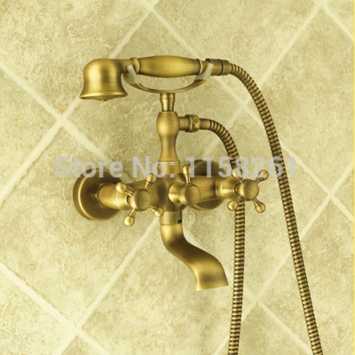 luxury new antique brass rainfall shower set faucet + tub mixer tap + handheld shower wall mounted zly-6761 [antique-finish-shower-set-570]