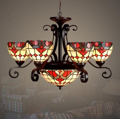 new arrival vintage style stained glass 6 arms shade chandelier with ceiling pendant light,yslc-3,