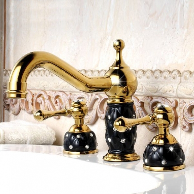 new design 3pcs golden finish brass black ceramic bathroom basin sink mixer tap faucet banheiro torneira m-65 [3-pcs-basin-faucet-97]