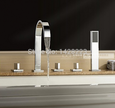polished chrome deck mounted 5pcs waterfall bathtub tub mixer faucet with hand shower three handles [5-pcs-tub-faucet-166]