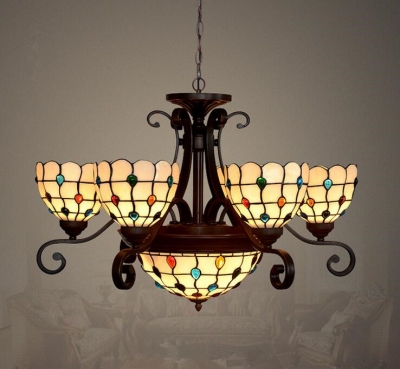 retro style stained glass 6 arms chandelier with inverted ceiling pendant light, [glass-lamp-1367]