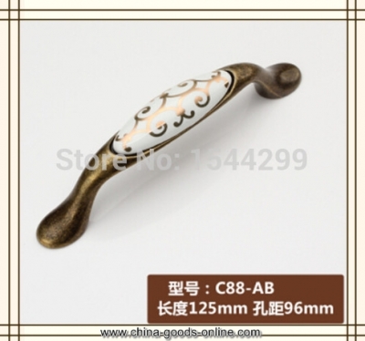 2pcs 96mm white ceramic handle cabinet handle drawer handle antique brass color printed golden flower