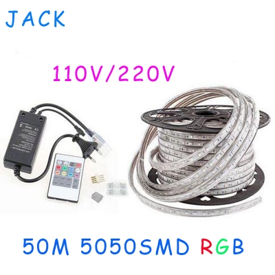 50m 110v/220v high voltage smd 5050 rgb led strips lights waterproof + ir remote control + power supply [5050-smd-series-389]