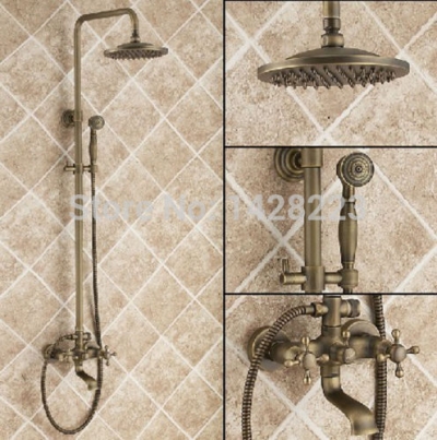 antique brass wall mounted 8" rain shower faucet set dual handles shower bath mixer tap with hand spray