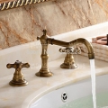 brass antique deck mounted three holes basin sink faucet dual handle long neck bathroom basin sink faucet