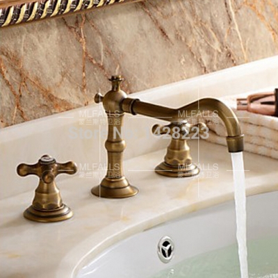 brass antique deck mounted three holes basin sink faucet dual handle long neck bathroom basin sink faucet [antique-brass-505]