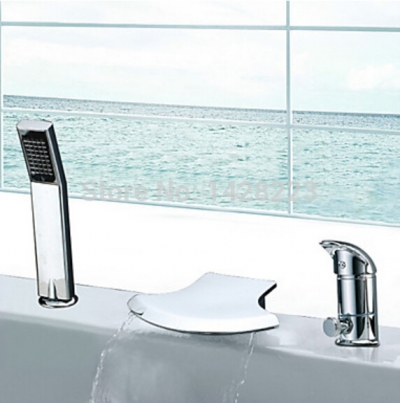 chrome brass deck mounted waterfall spout 3pcs sets bathtub mixer taps single handle bathroom tub faucet