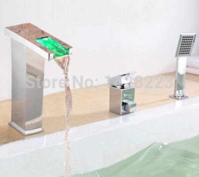 deck mounted single handle color changing led waterfall bathtub faucet chrome brass square waterfall bathroom tub mixer taps