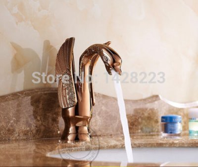 luxury rose gold color swan shape bathroom sink mixer taps deck mount one hole basin faucets [golden-3263]