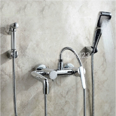 multifunction wall mounted bathtub mixer faucet chrome finished with hand shower + handheld nozzle + 2pcs bracket