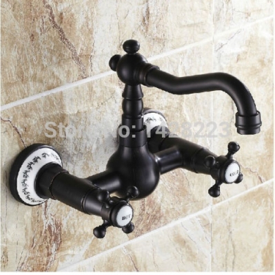 oil-rubbed bronze wall mounted ceramic printing style and cold kitchen sink faucet dual handles two hole