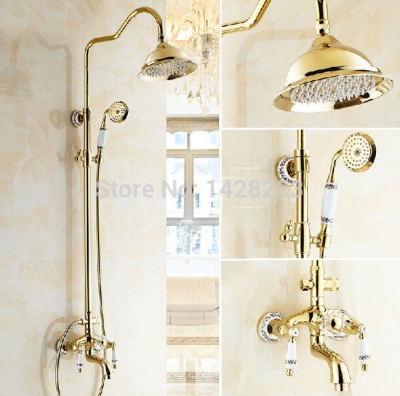 wall mounted bathroom 8" rainfall shower set faucet golden color dual handles with handheld shower