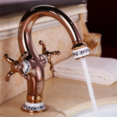 whole and retail promotion euro style rose golden brass bathroom basin faucet dual cross handle sink mixer tap 88501e [golden-bathroom-faucet-3534]