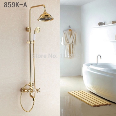 whole and retail promotion luxury gold brass shower faucet rain shower head+tub faucet + hand shower hj-859k-a [gold-finish-shower-set-3200]
