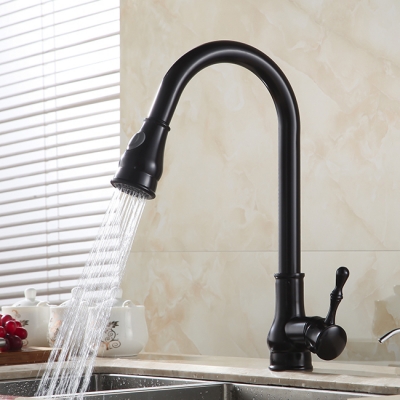 whole retail solid brass power spring kitchen faucet swivel spout pull out vessel sink mixer tap gyd-7119r [black-finish-kichen-faucet-1094]
