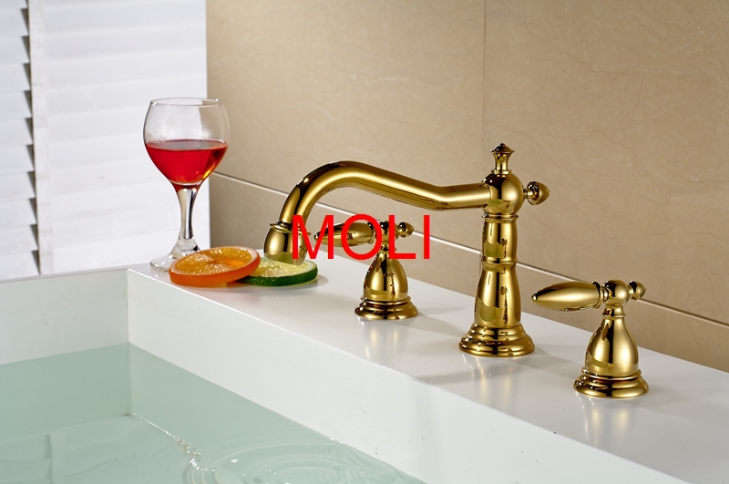 classical faucet soild brass gold finish faucets bend spout bathroom dual handle three hole vessel sink tap mixer