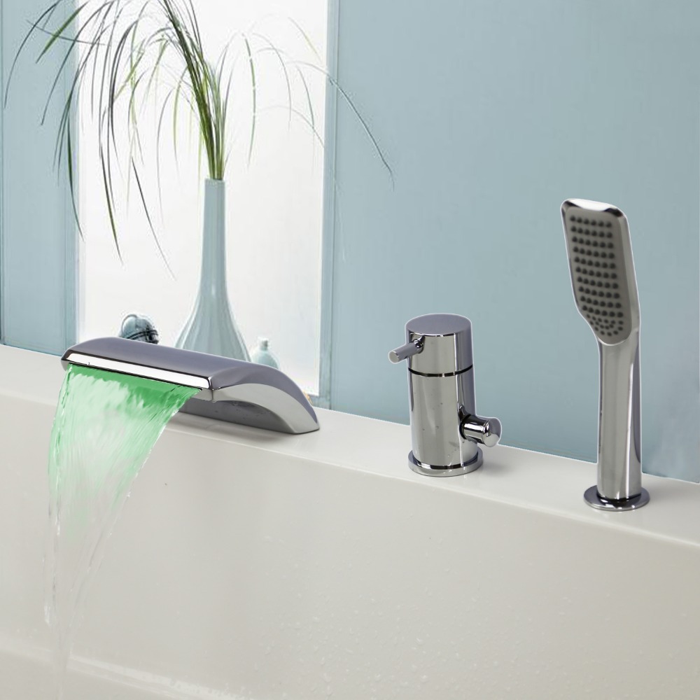 bathtub mixer temperature controlled bathtub faucet led light waterfall 3 piece bath faucet with hand shower