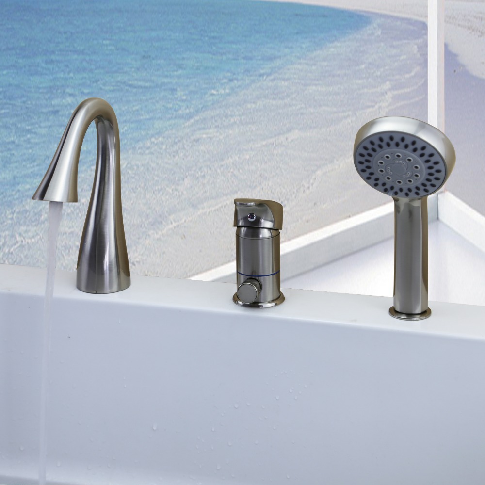 deck mounted 3 pieces bathtub faucet nickel brushed roman tub faucets swan spout bath tub mixer tap with hand shower