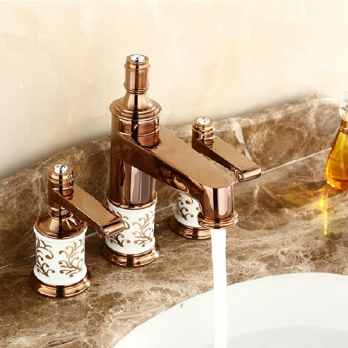 bathroom faucet 3 holes double handle rose golden basin sink water taps solid brass in the bathroom products jr-302e