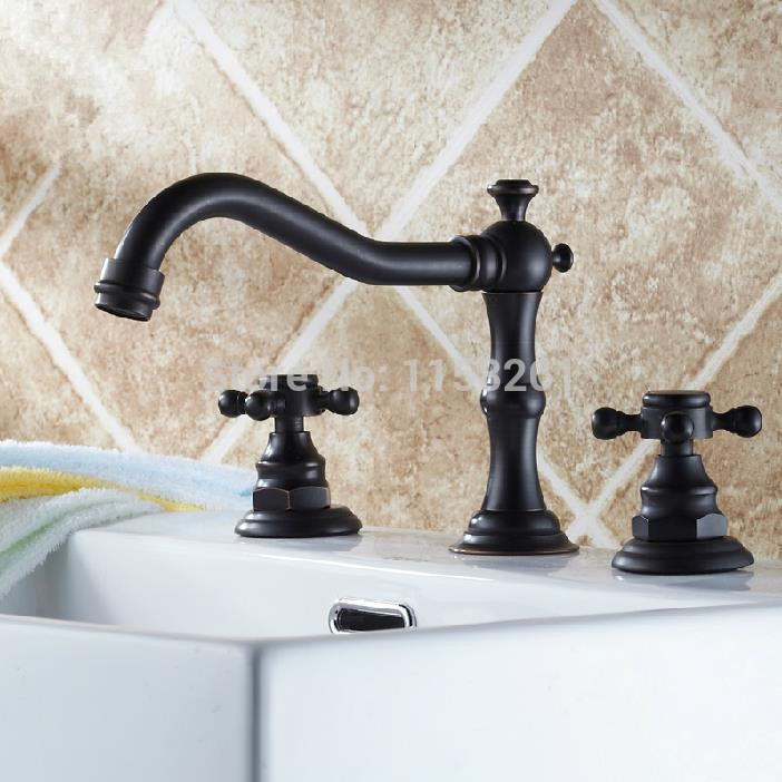 deck-mounted widespread black antique brass 3 pcs bathroom faucet lavatory basin sink mixer tap sy-057r