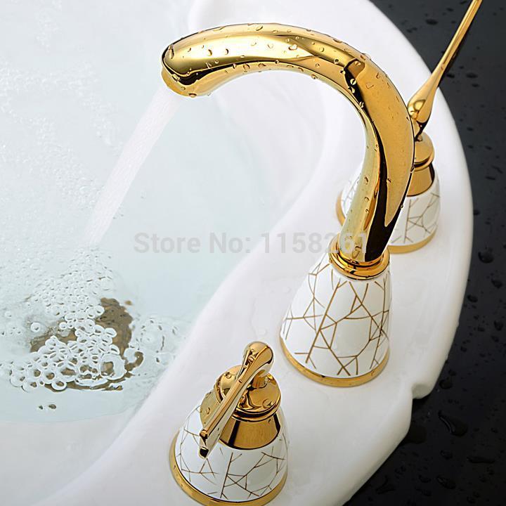 luxury 3 piece set faucet bathroom mixer deck mounted sink tap basin faucet set golden finish mixer tap faucet ys-618k