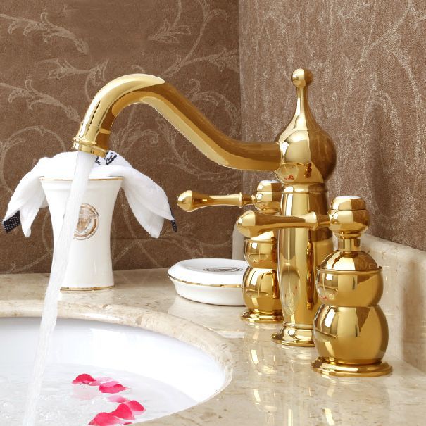 luxury 3pcs golden finish solid brass bathroom basin sink mixer tap faucet banheiro torneira mt3093a