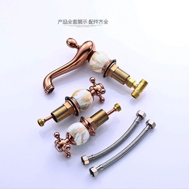 luxury 3pcs rose gold finish solid brass faucet with marble bathroom basin mixer tap banheiro torneira m-15c