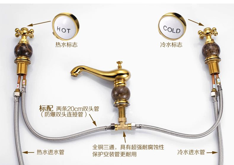 new design 3pcs gold polished solid brass with marble bathroom washbasin mixer tap banheiro torneira m-15