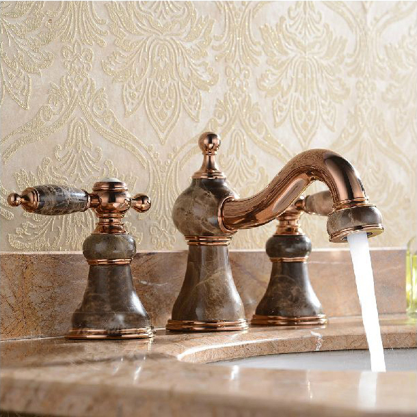 new design 3pcs gold polished solid brass with marble bathroom washbasin mixer tap banheiro torneira m-45