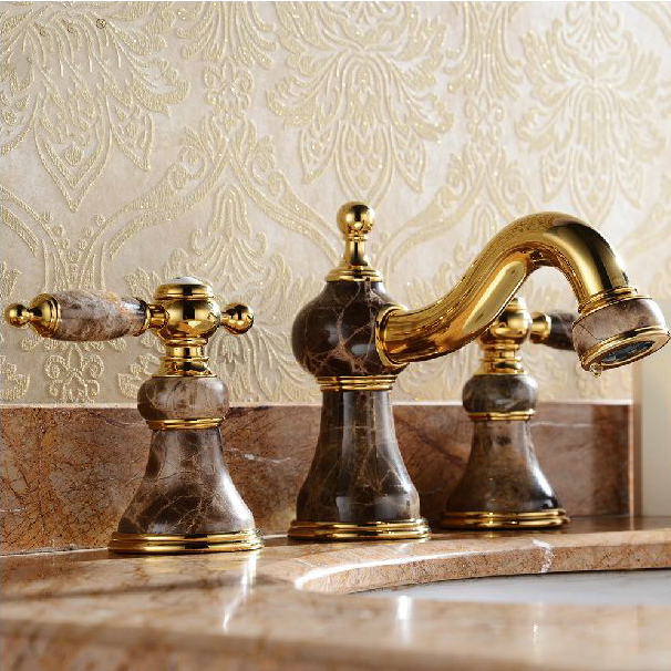 new design 3pcs gold polished solid brass with marble bathroom washbasin mixer tap banheiro torneira m-45