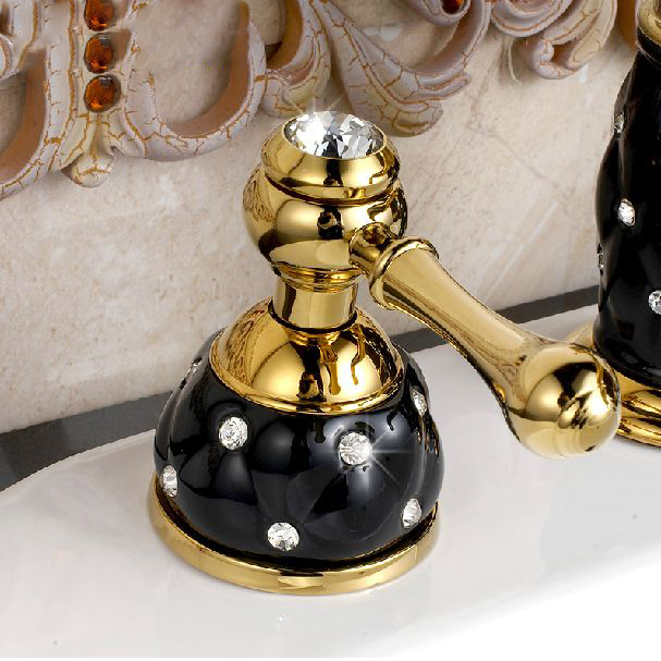 new design 3pcs golden finish brass black ceramic bathroom basin sink mixer tap faucet banheiro torneira m-65