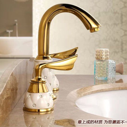 new design 3pcs golden finish brass ceramic bathroom basin sink mixer tap faucet banheiro torneira m-63
