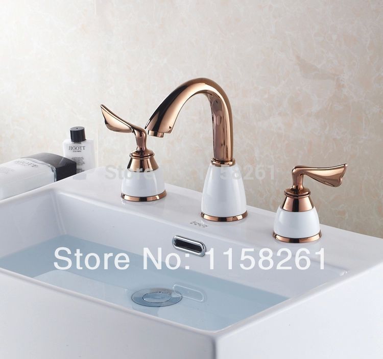 new design 3pcs rose gold polished solid brass white ceramic bathroom sink mixer tap basin faucet hj-6735m