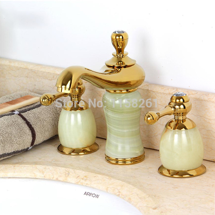 new luxury stone basin mixer faucet/ copper gold dual handle bathroom sink taps/bathtub shower set e-71