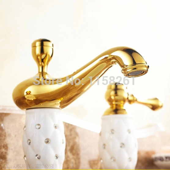 new perfect washroom deck mounted bathtub basin sink brass mixer tap 3 pcs golden polished faucet set ceramic with diamond 5632k